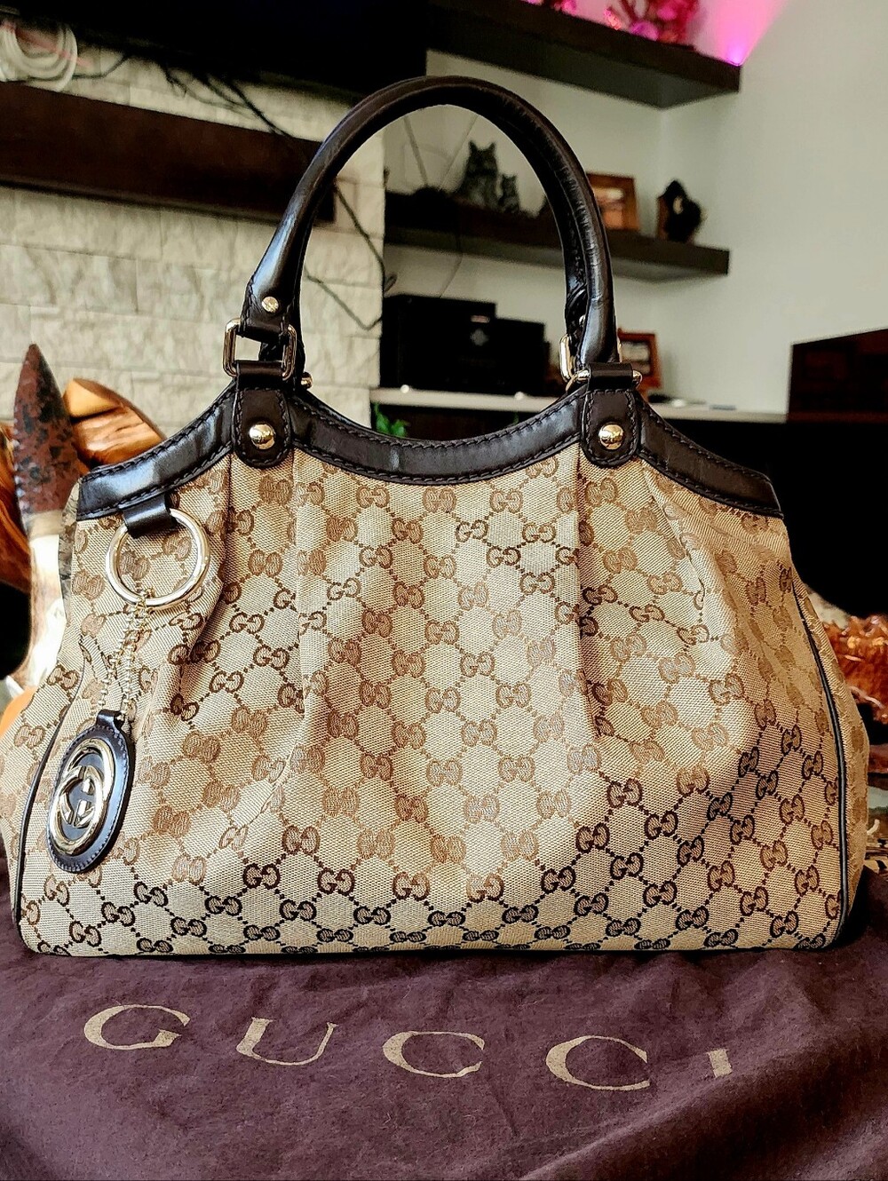 Gucci Beige GG Canvas Shoulder Bag with Brown Trim